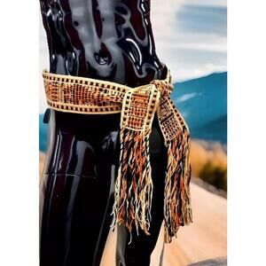 Woven Tribal Wide Belt Fringe Sash Mayan People African Pumpkin Orange Ethnic